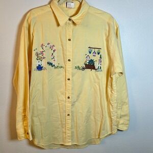 PBJ Classic Womens L/XL Yellow Embroidered Garden Cottagecore Button Down Shirt